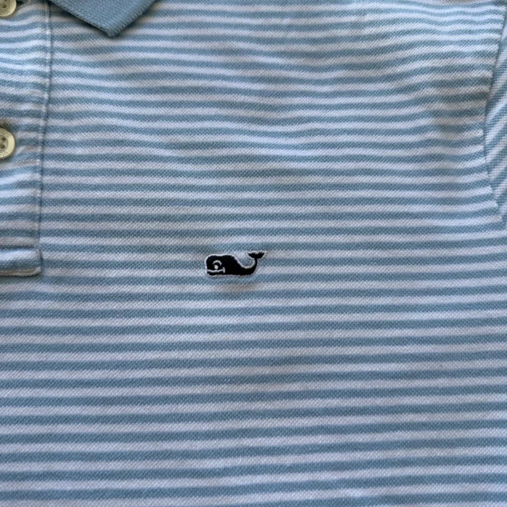 Vineyard Vines Polo Shirt Mens Medium Blue Striped Short Sleeve Whale Logo